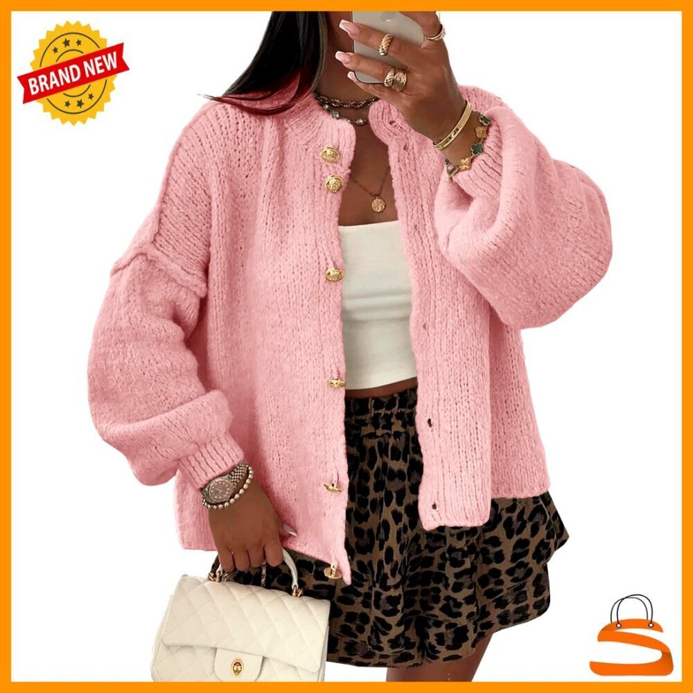 Chunky Knit Cardigan Oversized Fit Lantern Sleeve Button Up Cozy Sweater